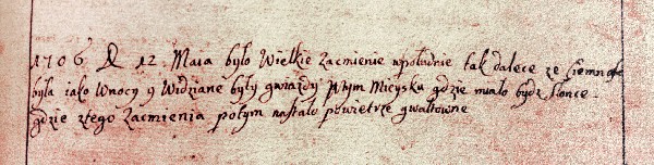 Polsky psan� z�znam o zatm�n� Slunce v roce 1706. Foto Marek Zawilski.